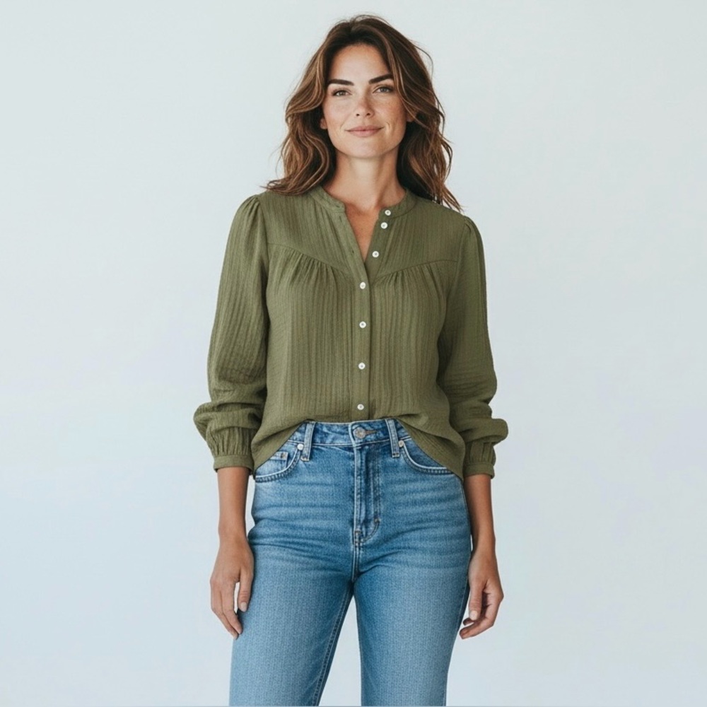 Amazon Olive Green Button-Down Women's Blouse